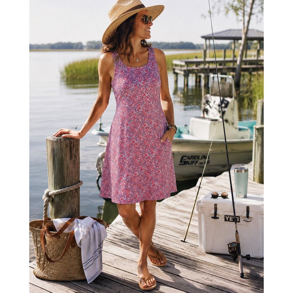 Columbia PFG Pink Teal Floral Tank Fishing Dress Small Outdoors Beachy Vacation - Picture 1 of 11